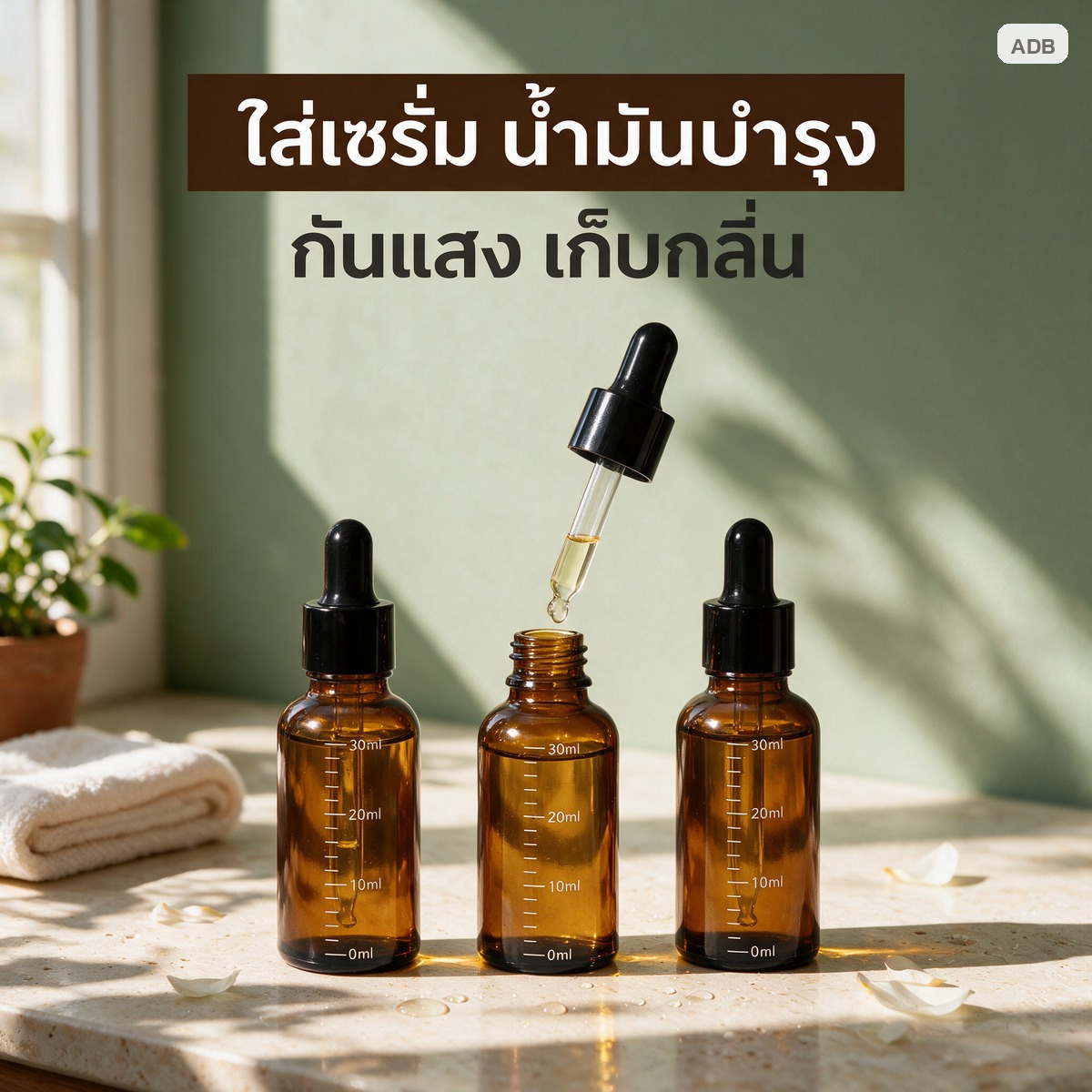 เตรียมขวดแก้วสีชาหลอดหยด กรอกสูตร ใช้สเกลตวง ติดฉลาก และดูแลจุกยางให้ใช้ได้นาน
