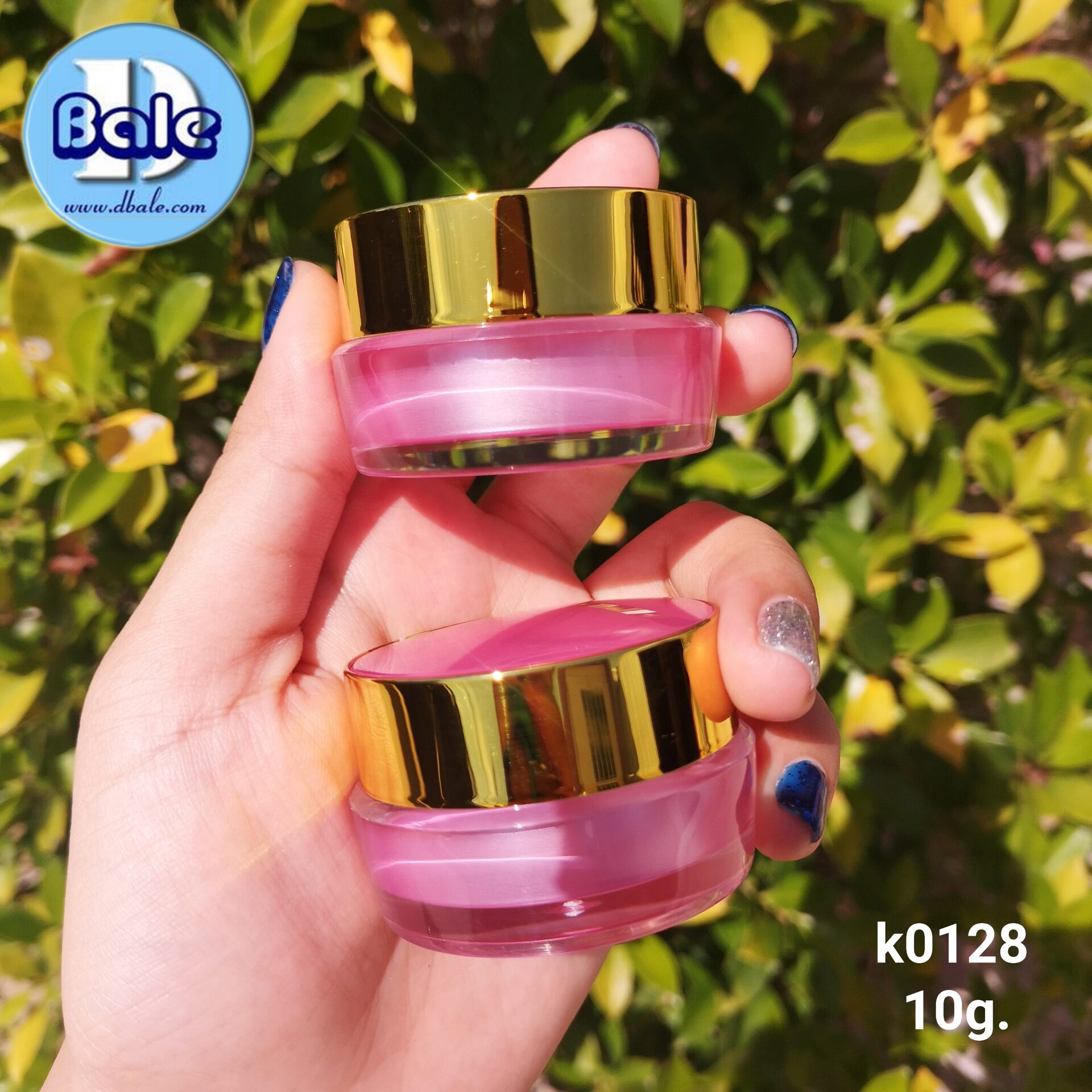 ขายส่งกระปุกครีม กระปุกอะคริลิกทรงกลมสีชมพู-ฝาขอบทองเงา 10 กรัม รุ่นk0128