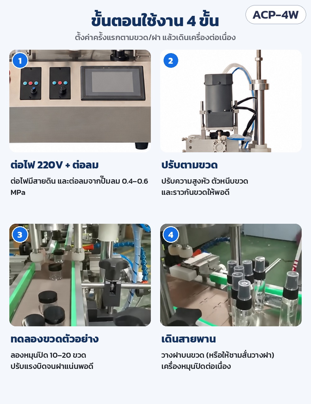 วิธีปรับตั้งเครื่องหมุนปิดฝา 4 ล้อ เมื่อเปลี่ยนขวดหรือฝา แก้ฝาไม่แน่น ฝาเบี้ยว และดูแลล้อยาง รุ่น ACP-4W