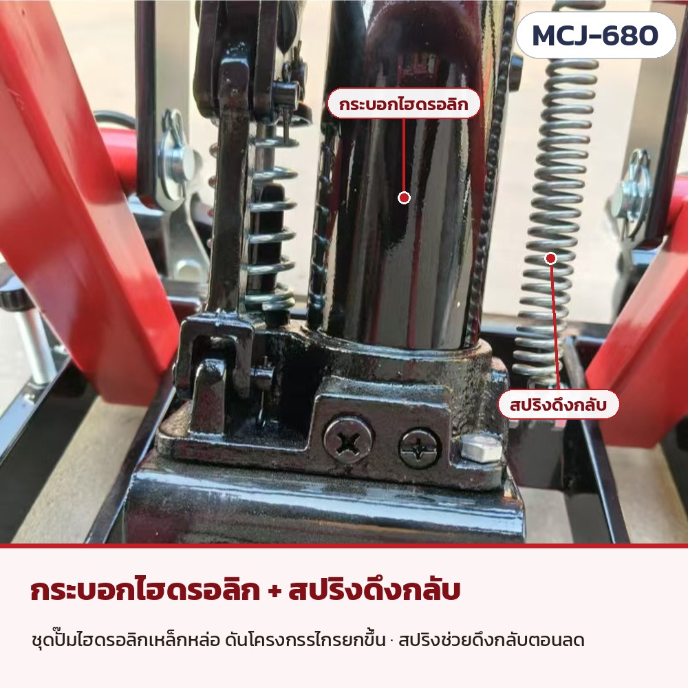 กระบอกไฮดรอลิกและสปริงดึงกลับ: ชุดปั๊มไฮดรอลิกดันโครงกรรไกรให้แท่นรองยกขึ้น สปริงช่วยดึงกลับตอนลด