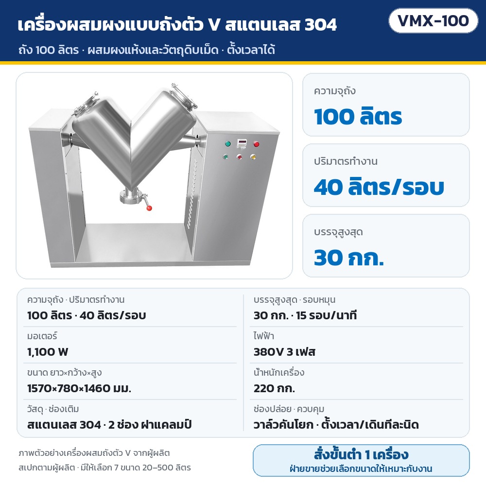 VMX-100 เครื่องผสมผงแบบถังตัว V สแตนเลส 304 ถัง 100 ลิตร ทำงาน 40 ลิตร/รอบ บรรจุสูงสุด 30 กก. 15 รอบ/นาที มอเตอร์ 1,100 W ไฟ 380V 3 เฟส ขนาด 1570×780×1460 มม. น้ำหนัก 220 กก. · สั่งขั้นต่ำ 1 เครื่อง