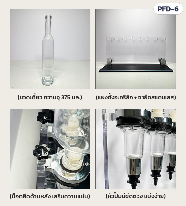 ส่วนประกอบ: ขวดเดี่ยว 375 มล. · แผงตั้งอะคริลิก + ขายึดสแตนเลส · น็อตยึดด้านหลัง · หัวปั๊มมีขีดตวง