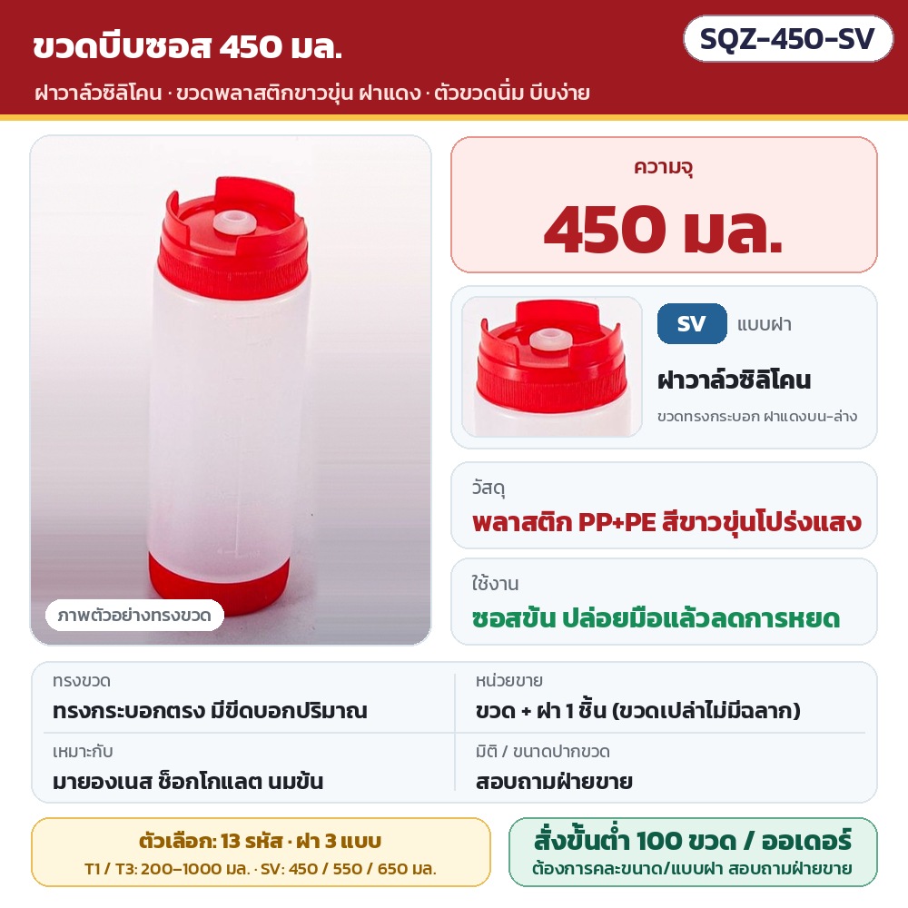 SQZ-450-SV · ขวดบีบซอสพลาสติกขาวขุ่น ขนาด 450 มล. ฝาวาล์วซิลิโคน (ขวดทรงกระบอก ฝาแดงบน-ล่าง) · วัสดุ PP+PE ตัวขวดนิ่ม บีบง่าย · ขวดพร้อมฝา 1 ชิ้น (ไม่มีฉลาก) · สั่งขั้นต่ำ 100 ขวดต่อออเดอร์