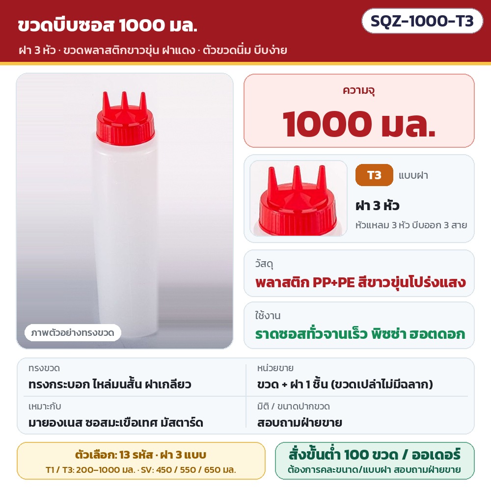 SQZ-1000-T3 · ขวดบีบซอสพลาสติกขาวขุ่น ขนาด 1000 มล. ฝา 3 หัว บีบออก 3 สายพร้อมกัน · วัสดุ PP+PE ตัวขวดนิ่ม บีบง่าย · ขวดพร้อมฝา 1 ชิ้น (ไม่มีฉลาก) · สั่งขั้นต่ำ 100 ขวดต่อออเดอร์