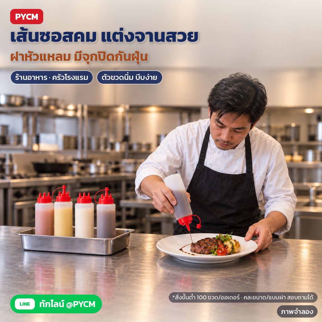 ภาพจำลองด้วย AI (ภาพประกอบ ไม่ใช่ภาพถ่ายจริง): ตัวอย่างการใช้งาน: ครัวร้านอาหาร บีบซอสแต่งจานด้วยฝาหัวแหลม 1 หัว เส้นเล็กแม่นยำ มีจุกปิดกันฝุ่น ตัวขวดนิ่ม บีบง่าย สั่งขั้นต่ำ 100 ขวดต่อออเดอร์ คละขนาด/แบบฝาสอบถามฝ่ายขาย