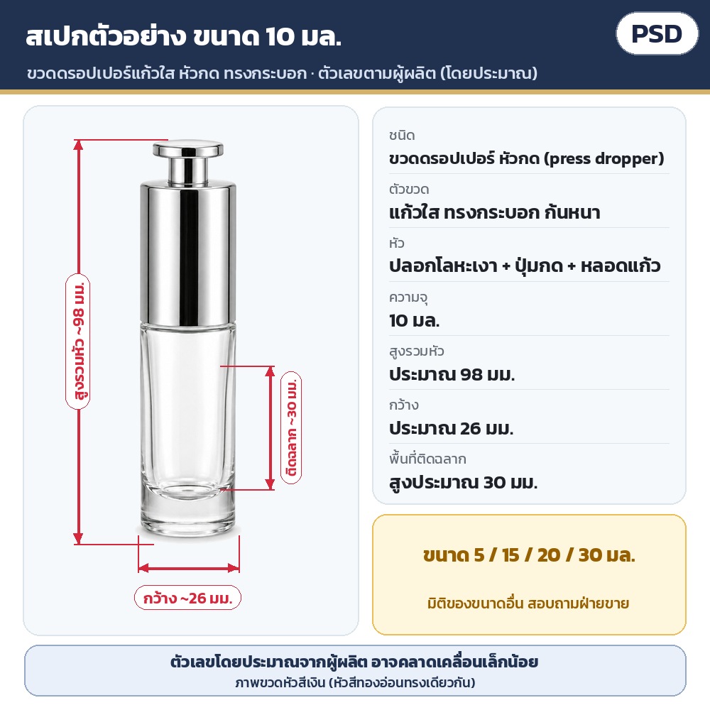 สเปกตัวอย่างขนาด 10 มล. (ตามผู้ผลิต โดยประมาณ): สูงรวมหัวประมาณ 98 มม. · กว้างประมาณ 26 มม. · พื้นที่ติดฉลากสูงประมาณ 30 มม. · มิติของขนาดอื่น สอบถามฝ่ายขาย