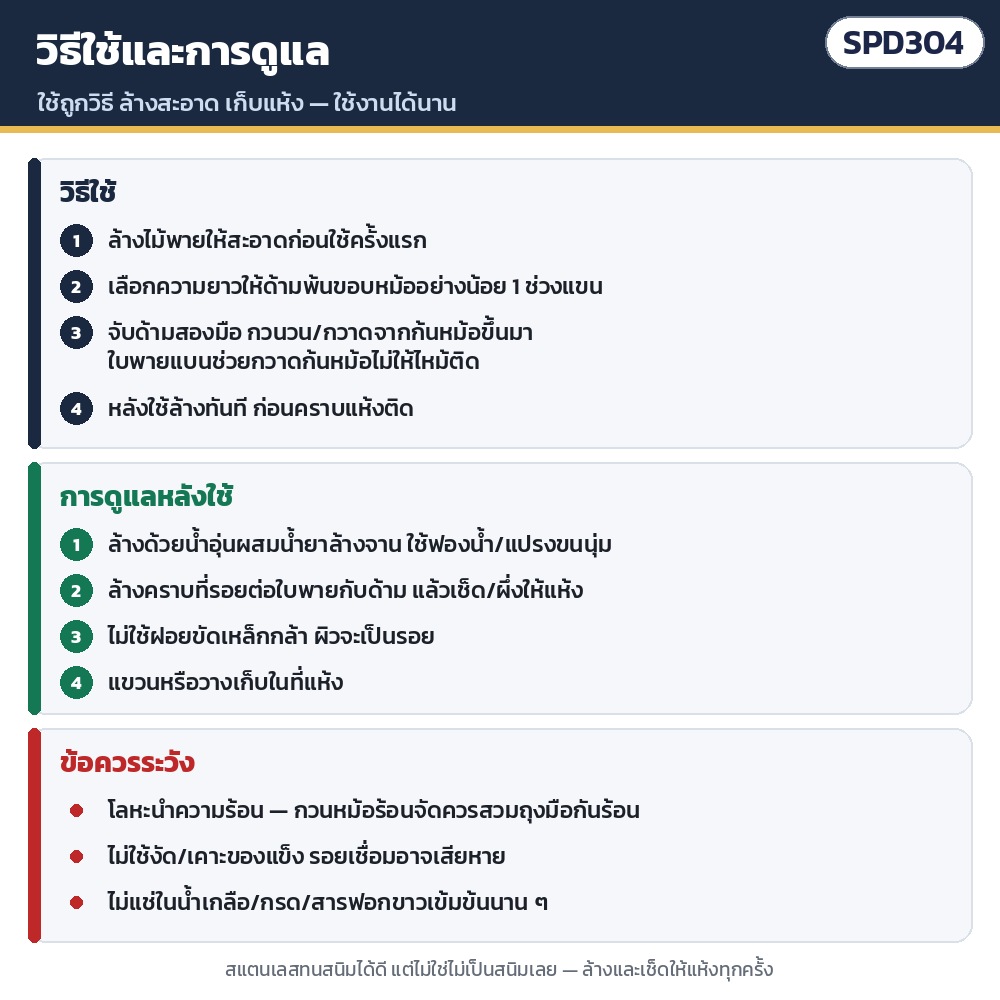 วิธีใช้และการดูแล: ล้างก่อนใช้ครั้งแรก · กวนจากก้นหม้อขึ้นมา · ล้างด้วยน้ำอุ่นผสมน้ำยาล้างจาน เช็ดให้แห้ง · ไม่ใช้ฝอยขัดเหล็กกล้า · กวนหม้อร้อนจัดควรสวมถุงมือกันร้อน · ไม่แช่น้ำเกลือ/กรด/สารฟอกขาวนาน ๆ