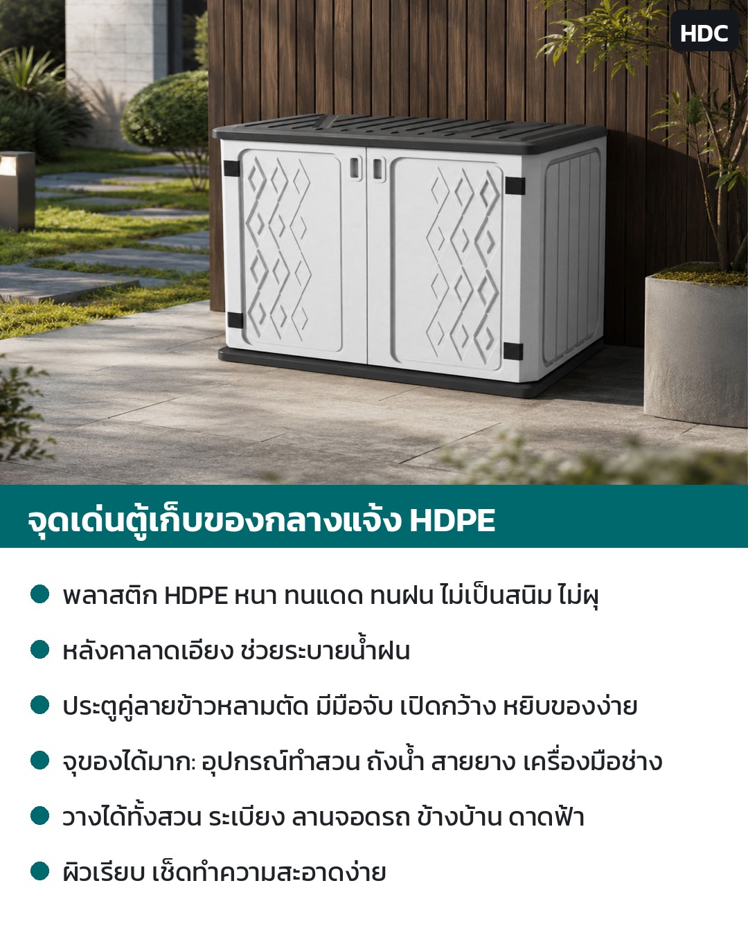 จุดเด่นตู้เก็บของกลางแจ้ง HDPE: ทนแดด ทนฝน ไม่เป็นสนิม หลังคาลาดช่วยระบายน้ำฝน ประตูลายข้าวหลามตัด เปิดกว้าง