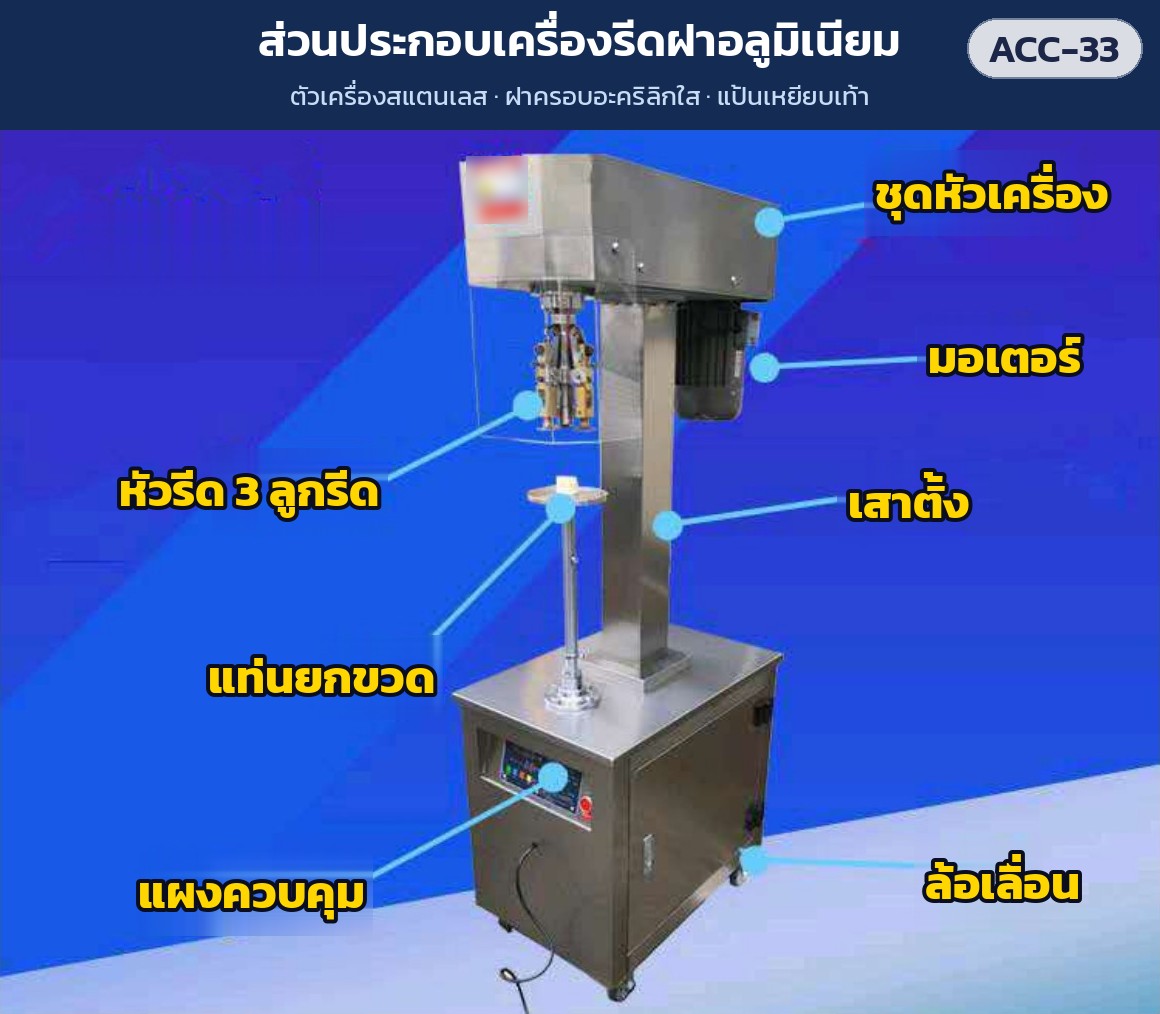 ส่วนประกอบเครื่อง: ชุดหัวเครื่อง มอเตอร์ หัวรีด 3 ลูกรีด เสาตั้ง แท่นยกขวด แผงควบคุม ล้อเลื่อน