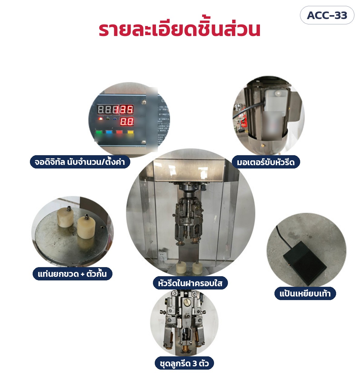 รายละเอียดชิ้นส่วน: จอดิจิทัลนับจำนวน/ตั้งค่า มอเตอร์ หัวรีดในฝาครอบใส แท่นยกขวด แป้นเหยียบเท้า ชุดลูกรีด 3 ตัว