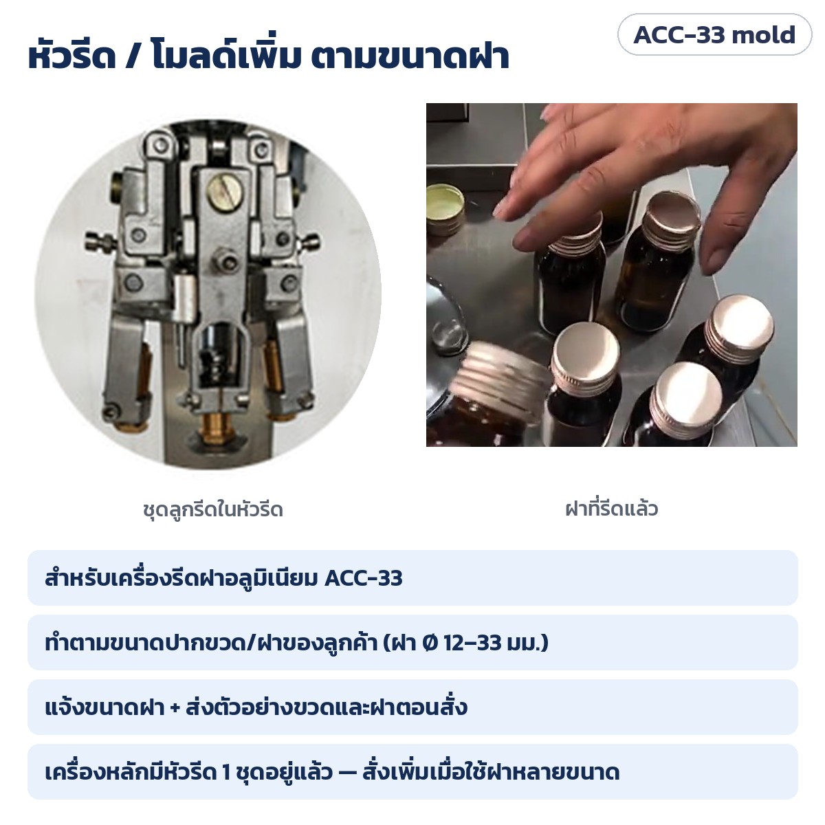 หัวรีด/โมลด์เพิ่มตามขนาดฝา สำหรับเครื่องรีดฝาอลูมิเนียม ACC-33 ทำตามปากขวดของลูกค้า (ฝา Ø 12–33 มม.)
