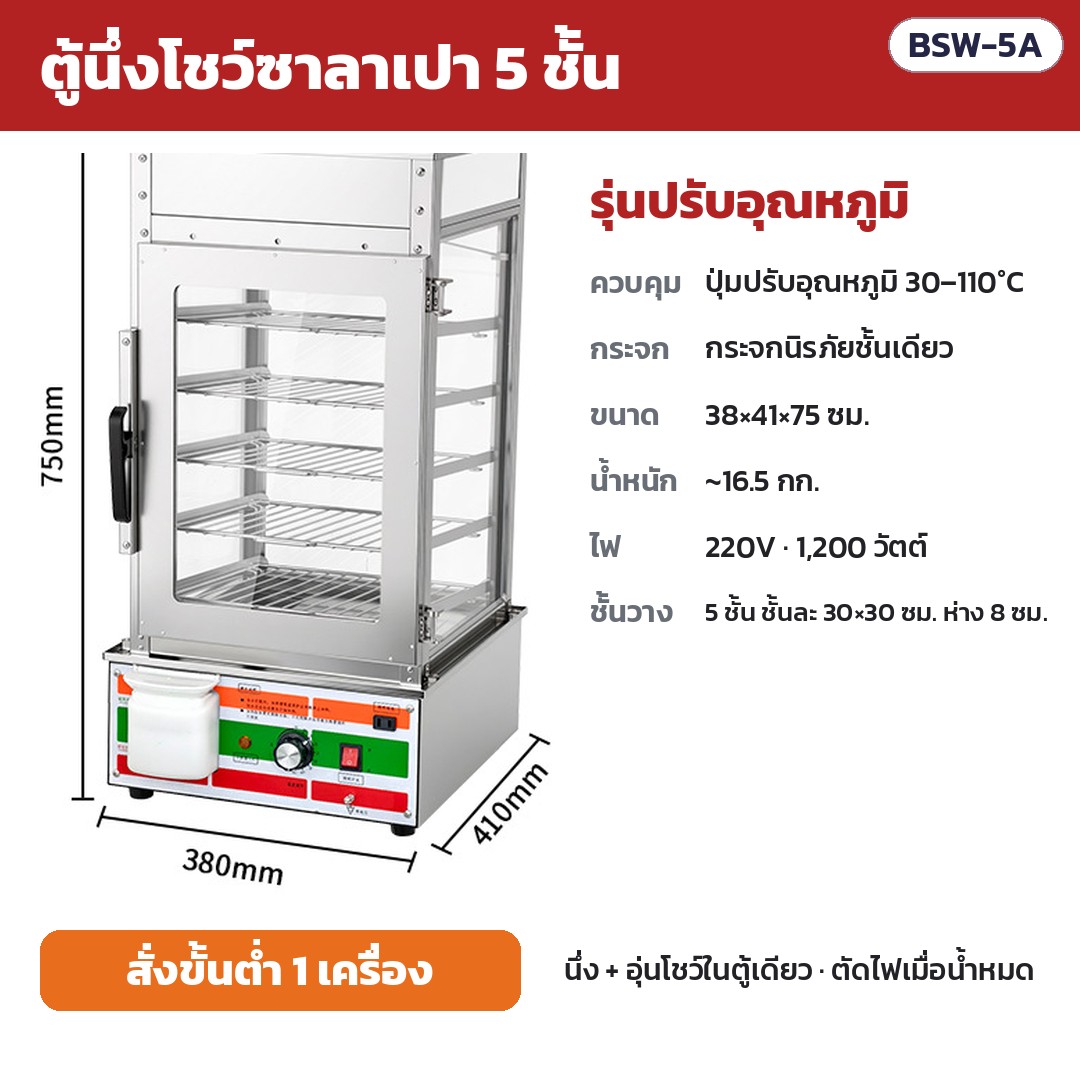 BSW-5A (รหัส 36142) รุ่นปรับอุณหภูมิ — ปุ่มปรับอุณหภูมิ 30–110°C · กระจกนิรภัยเทมเปอร์ชั้นเดียว · ขนาด 38×41×75 ซม. · น้ำหนัก ~16.5 กก.