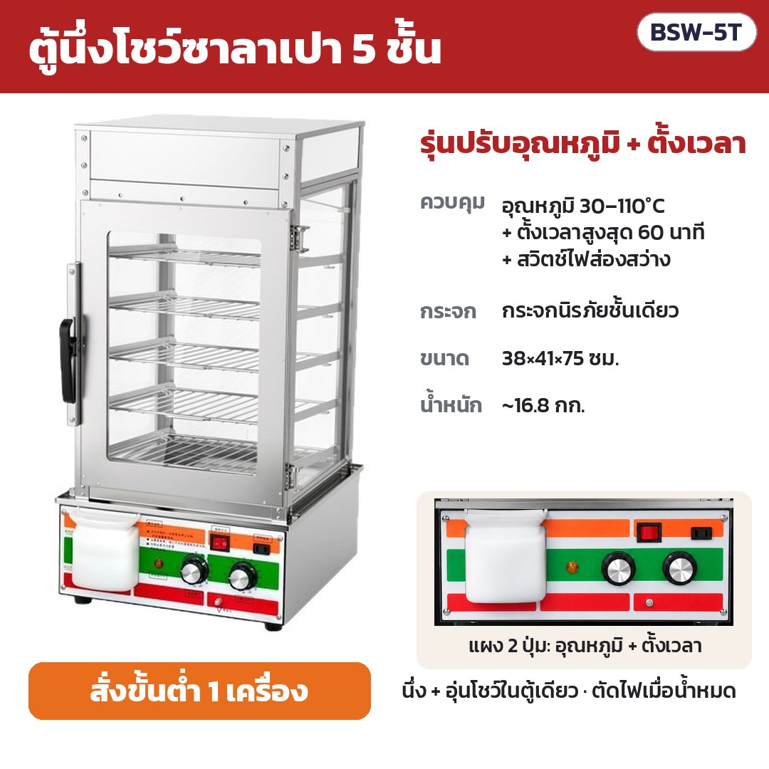 BSW-5T (รหัส 36143) รุ่นปรับอุณหภูมิ + ตั้งเวลา — ปุ่มปรับอุณหภูมิ 30–110°C + ปุ่มตั้งเวลาสูงสุด 60 นาที + สวิตช์ไฟส่องสว่าง · กระจกนิรภัยเทมเปอร์ชั้นเดียว · ขนาด 38×41×75 ซม. · น้ำหนัก ~16.8 กก.