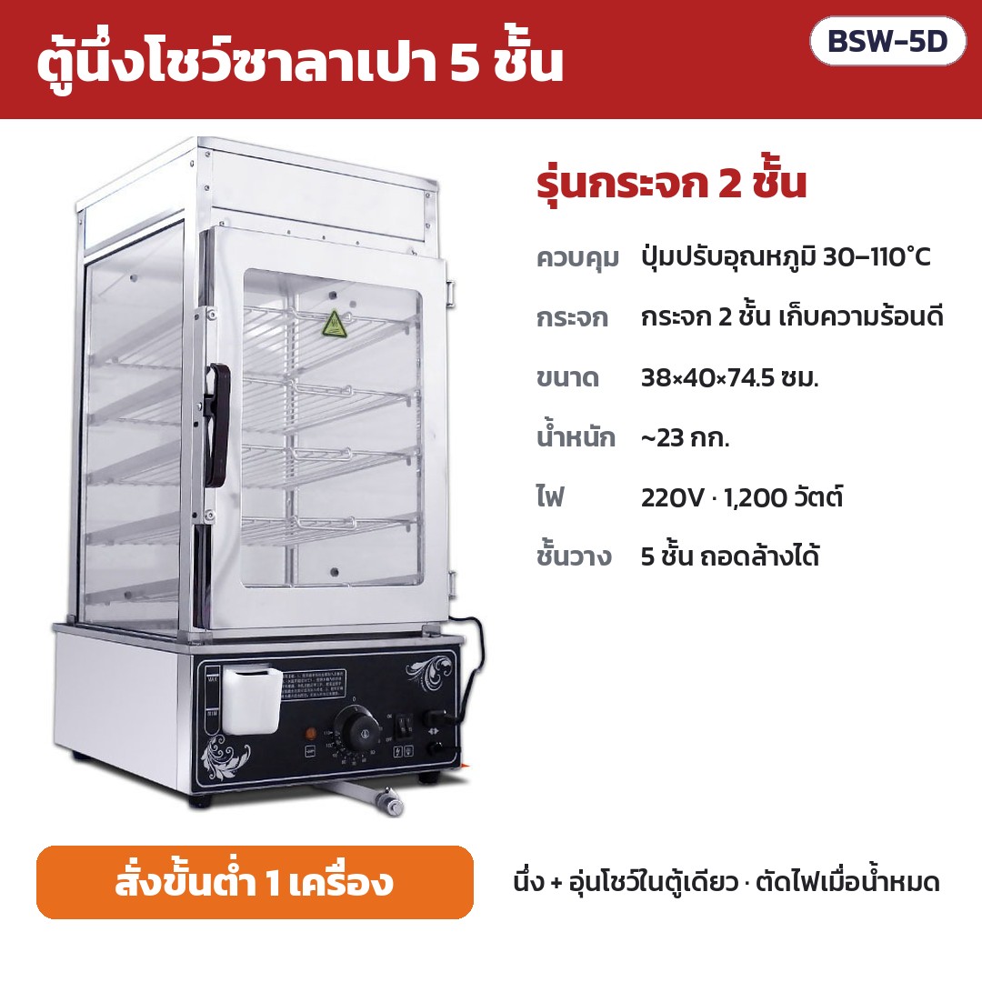 BSW-5D (รหัส 36144) รุ่นกระจก 2 ชั้น — ปุ่มปรับอุณหภูมิ 30–110°C · กระจก 2 ชั้น เก็บความร้อนดีกว่า ไอน้ำเกาะกระจกน้อยลง · ขนาด 38×40×74.5 ซม. · น้ำหนัก ~23 กก.