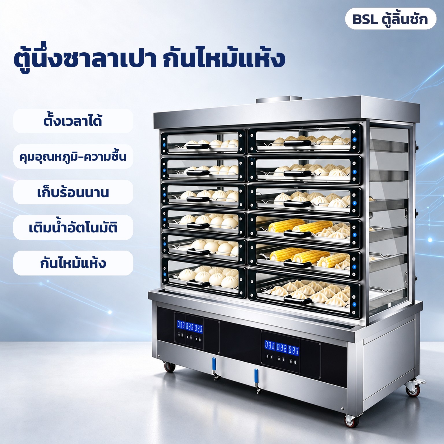 ตู้นึ่งซาลาเปากันไหม้แห้ง: ตั้งเวลา · คุมอุณหภูมิ-ความชื้น · เก็บร้อนนาน · เติมน้ำอัตโนมัติ · กันไหม้แห้ง