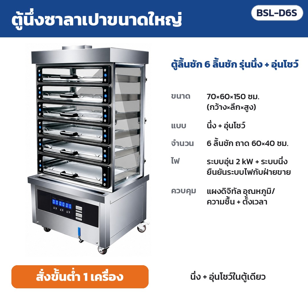 ตู้นึ่งซาลาเปาขนาดใหญ่ ตู้ลิ้นชัก 6 ลิ้นชัก รุ่นนึ่ง + อุ่นโชว์ BSL-D6S (รหัส 36166) — แผงดิจิทัล ควบคุมอุณหภูมิ/ความชื้น + ตั้งเวลา · 6 ลิ้นชัก ถาด 60×40 ซม. · ขนาด 70×60×150 ซม. · ระบบอุ่น 2 kW + ระบบนึ่ง · ระบบไฟยืนยั