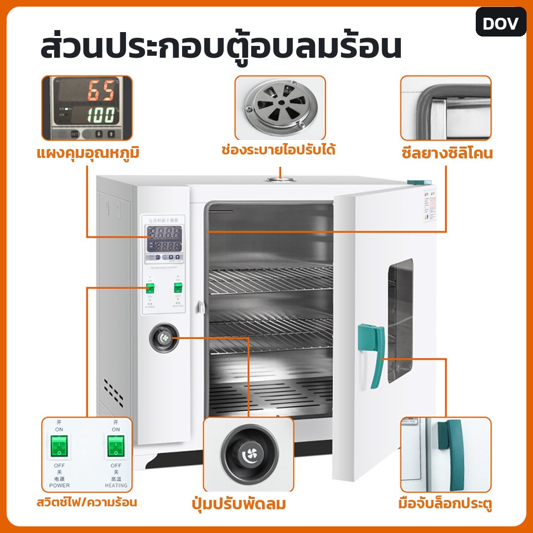 ส่วนประกอบตู้อบลมร้อน: แผงคุมอุณหภูมิดิจิทัล ช่องระบายไอปรับได้ด้านบน ซีลยางซิลิโคนรอบประตู สวิตช์ไฟ/ความร้อน ปุ่มปรับพัดลม และมือจับล็อกประตู